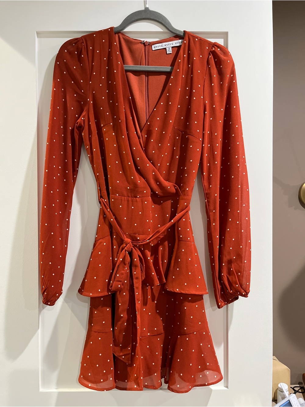 Rust Polka Dot Wrap Dress with Tie Waist